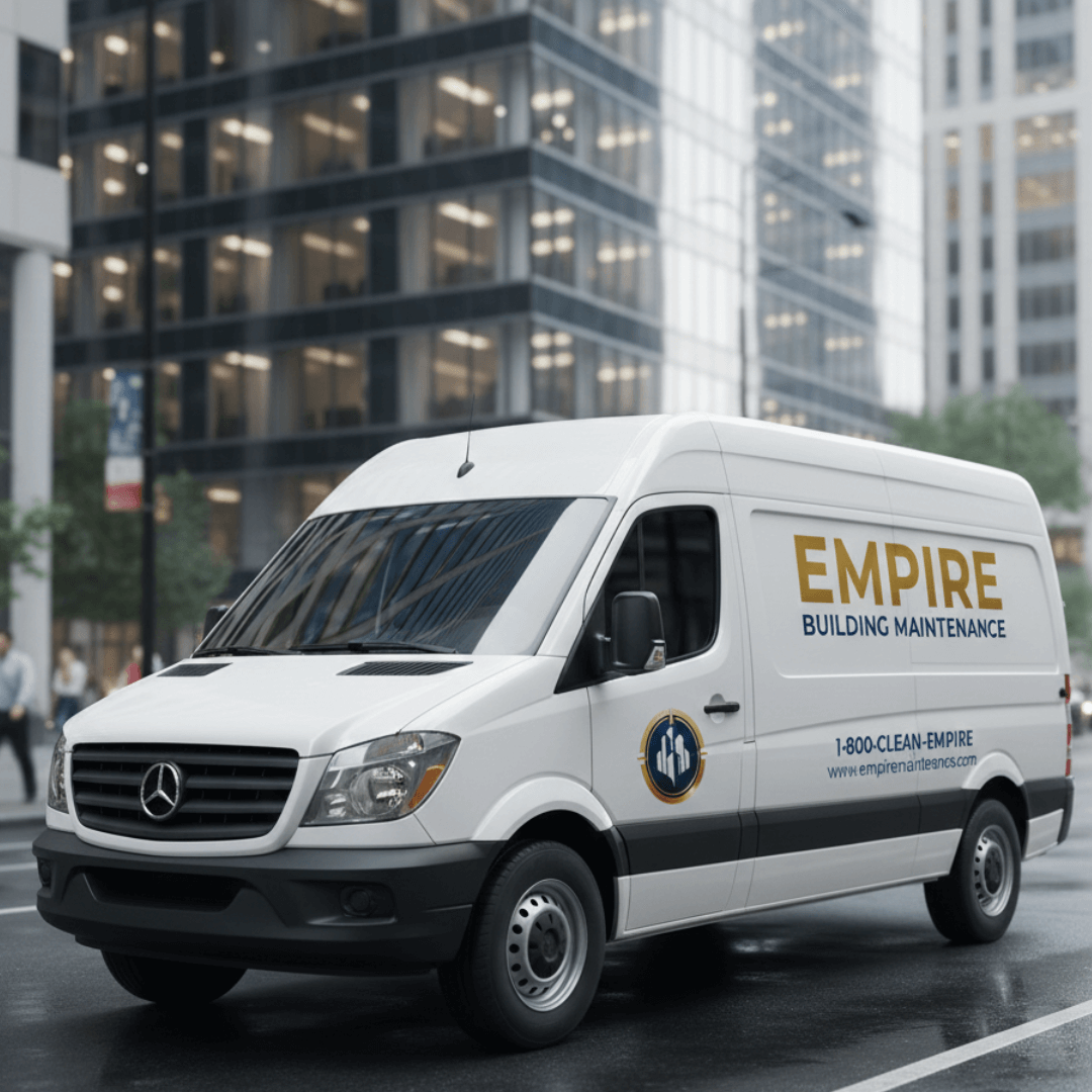 A white Mercedes-Benz Sprinter van branded with the gold and navy blue Empire Building Maintenance logo, name, and phone number, parked on a city street with modern high-rise office buildings in the background.