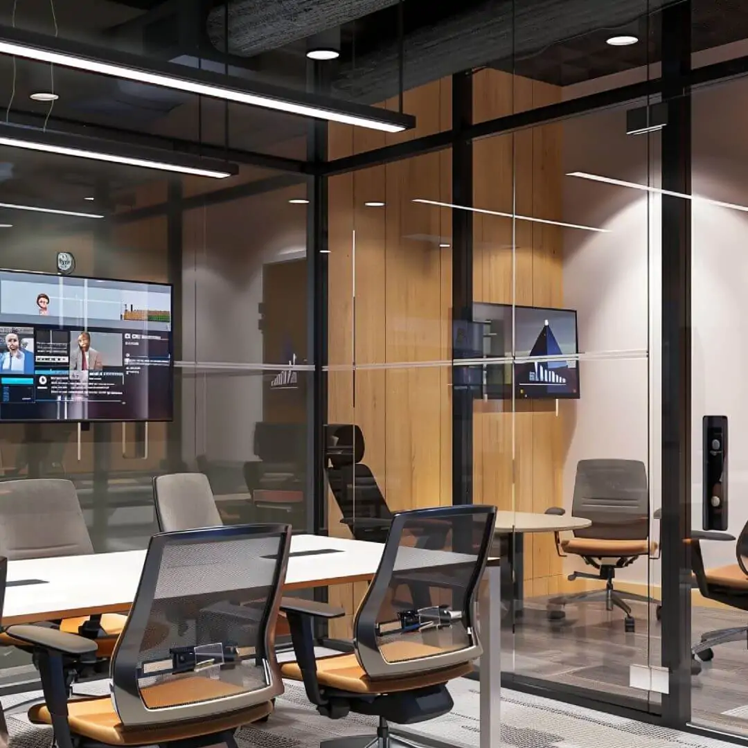 A high-end corporate boardroom with glass walls, orange and grey ergonomic chairs, and large TVs on wood-paneled walls.