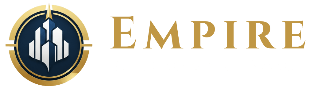 Empire Building Maintenance horizontal logo featuring a gold and navy blue circular emblem with stylized skyscraper silhouettes, accompanied by the brand name in elegant gold serif typography.