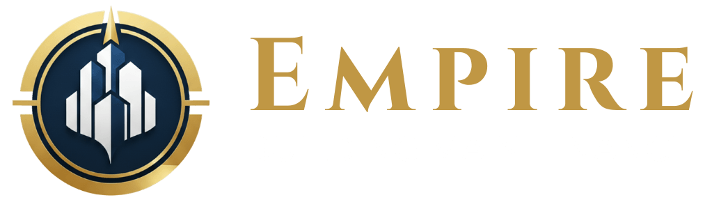 Empire Building Maintenance horizontal logo featuring a gold and navy blue circular emblem with stylized skyscraper silhouettes, accompanied by the brand name in elegant gold serif typography.