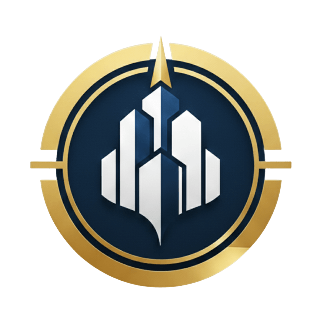 A circular logo with a navy blue center featuring three white stylized skyscraper silhouettes, encased in a gold outer ring with a gold arrow pointing upwards at the top.