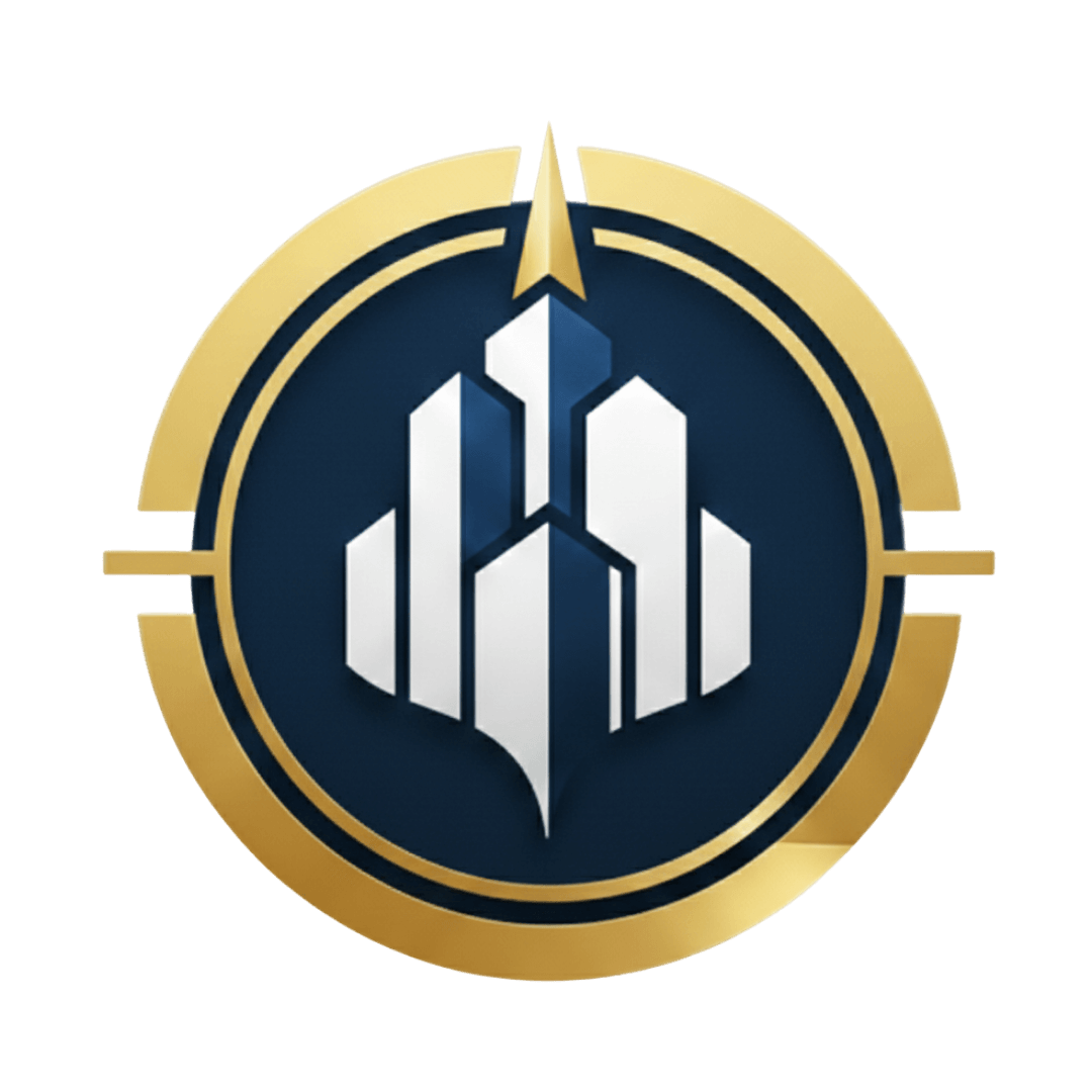 A circular logo with a navy blue center featuring three white stylized skyscraper silhouettes, encased in a gold outer ring with a gold arrow pointing upwards at the top.
