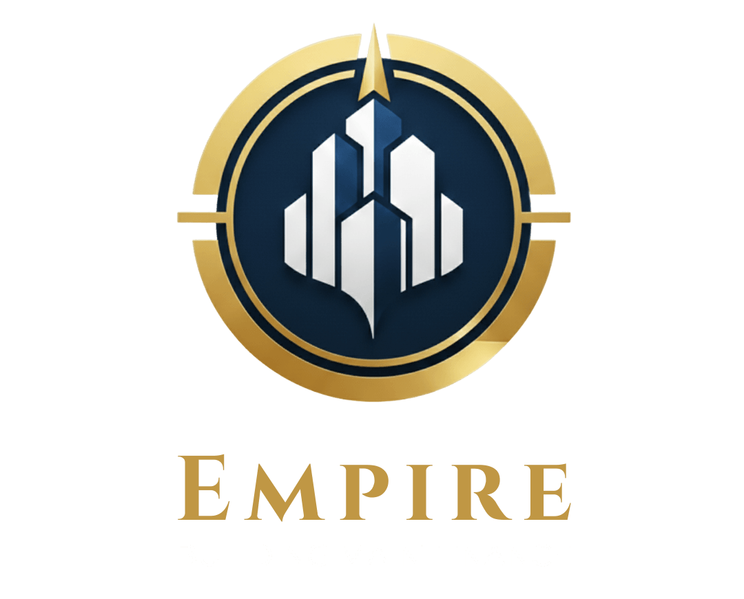 Empire Building Maintenance vertical logo displaying a gold and navy blue circular building emblem stacked above the company name in gold and white serif lettering.