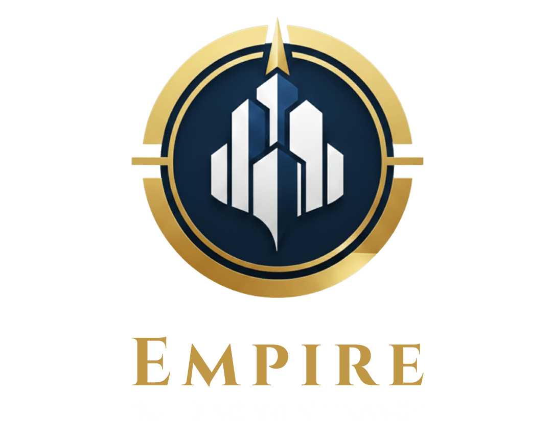 Empire Building Maintenance vertical logo displaying a gold and navy blue circular building emblem stacked above the company name in gold and white serif lettering.