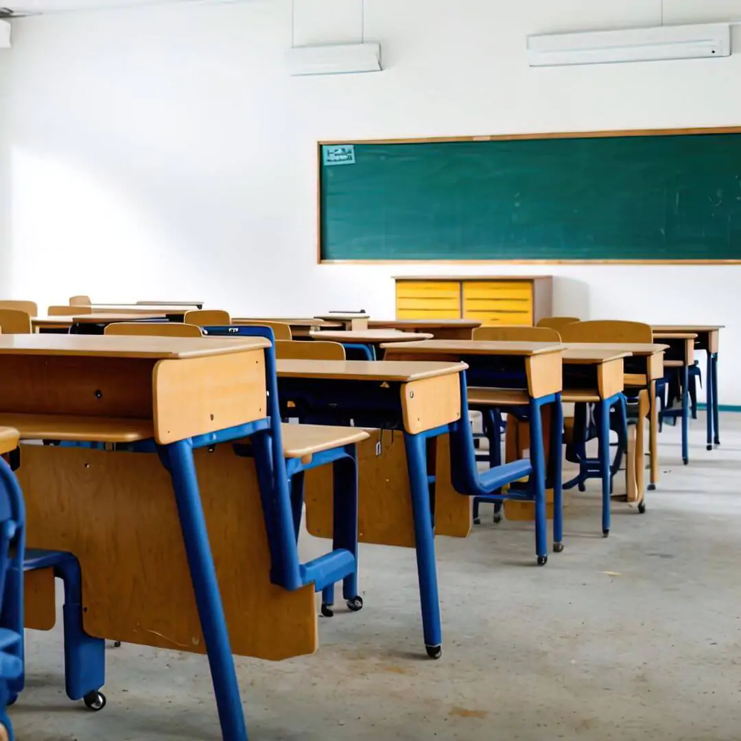 A wide shot of an empty modern classroom with rows of desks and a clean green chalkboard at the front.