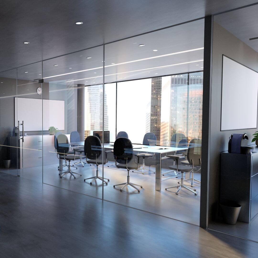 A pristine modern conference room with glass walls, black chairs around a white table, and a large window overlooking the city skyline.