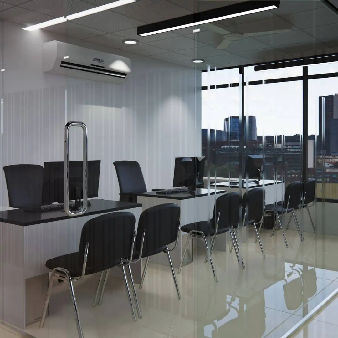 A modern office consultation area with a glass partition, black chairs, white desks, and an air conditioner on the wall.