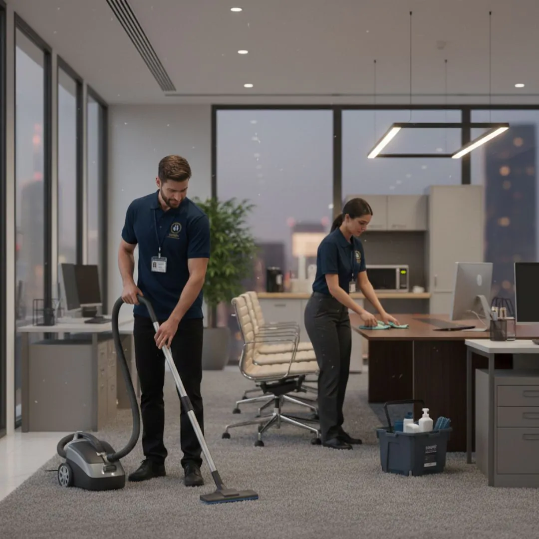 A man in a navy blue polo shirt vacuuming a grey carpet and a woman in the same uniform wiping a dark wooden desk in a modern office with large glass windows and ergonomic chairs.