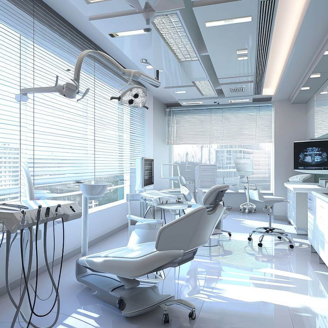 An ultra-modern, bright blue-lit dental office with futuristic chairs, white surfaces, and monitors displaying X-rays.