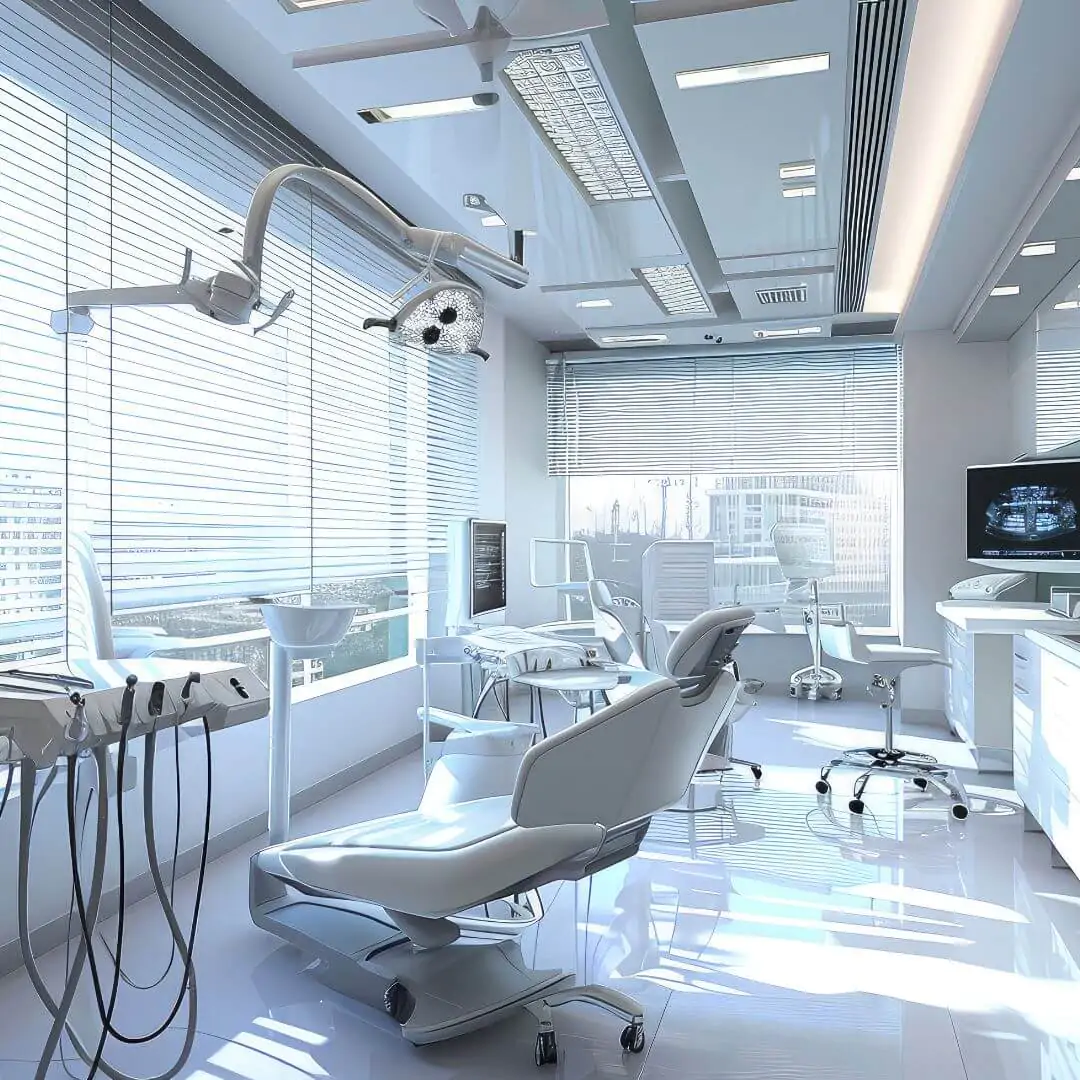 An ultra-modern, bright blue-lit dental office with futuristic chairs, white surfaces, and monitors displaying X-rays.